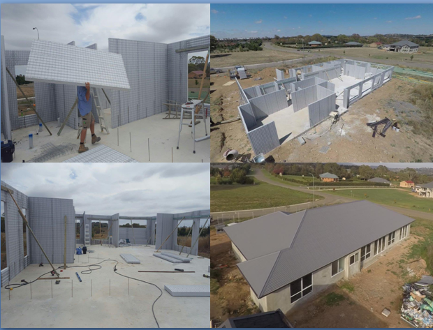 Construction site progress from foundation to roof.