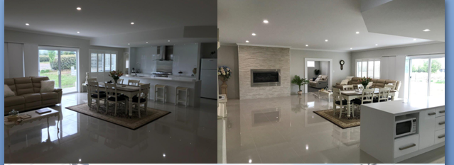 Spacious modern living and dining room area.